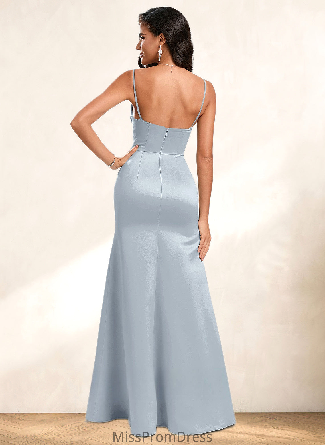 Lesly Trumpet/Mermaid Off the Shoulder Square Floor-Length Satin Prom Dresses With Ruffle HMP0025883