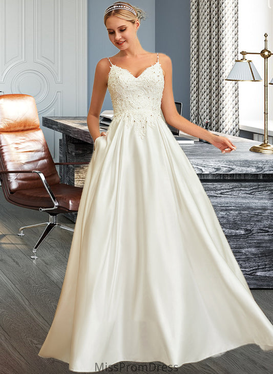 Sienna Ball-Gown/Princess V-neck Sweep Train Satin Lace Wedding Dress With Lace Beading Sequins Pockets HMP0013771