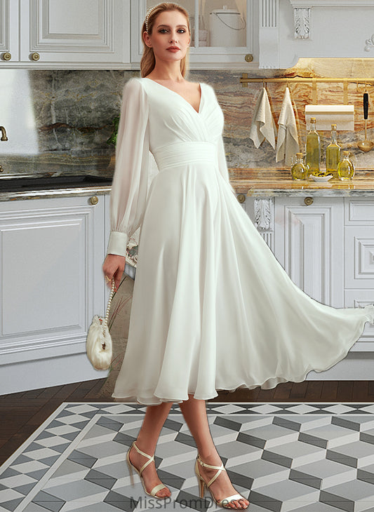 Renata A-Line V-neck Tea-Length Wedding Dress HMP0013772