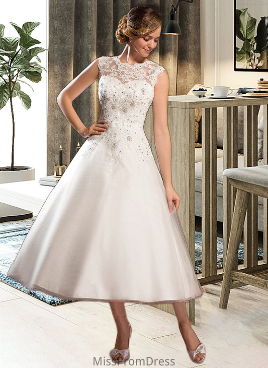 Cara Ball-Gown/Princess Scoop Neck Tea-Length Tulle Lace Wedding Dress With Beading Sequins HMP0013773