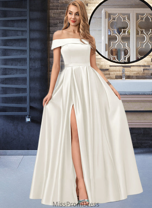 Lillianna Ball-Gown/Princess Off-the-Shoulder Floor-Length Satin Wedding Dress With Split Front Pockets HMP0013774