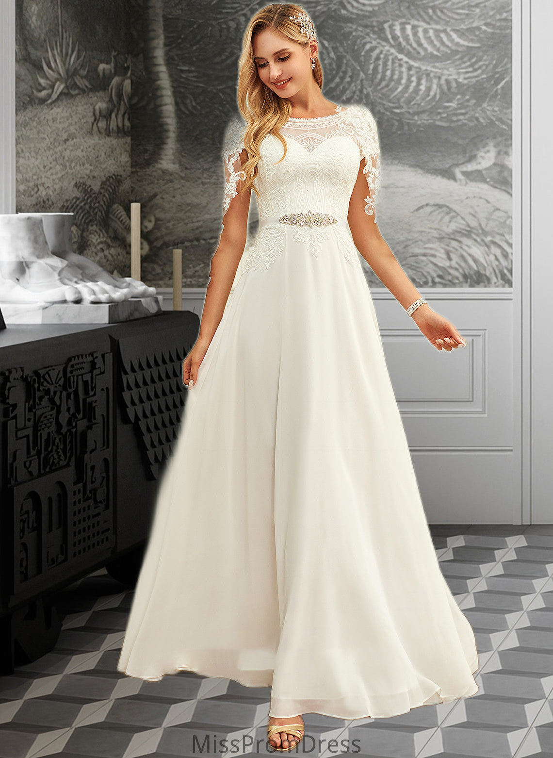 Camilla A-Line Scoop Neck Floor-Length Chiffon Lace Wedding Dress With Sequins HMP0013775