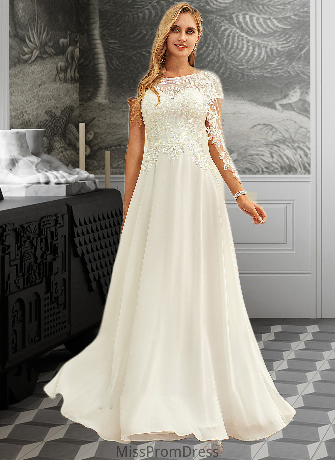 Camilla A-Line Scoop Neck Floor-Length Chiffon Lace Wedding Dress With Sequins HMP0013775