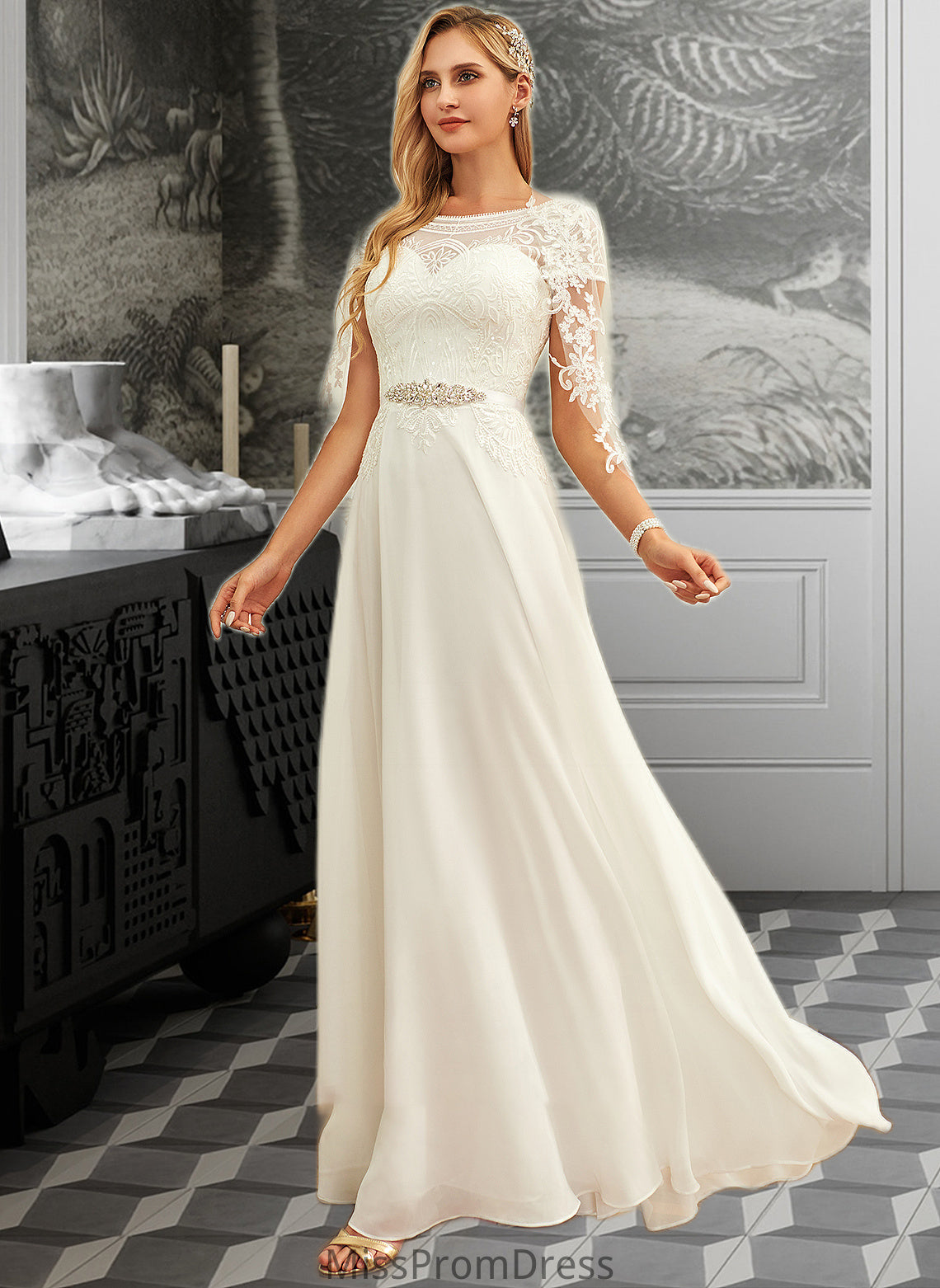 Camilla A-Line Scoop Neck Floor-Length Chiffon Lace Wedding Dress With Sequins HMP0013775