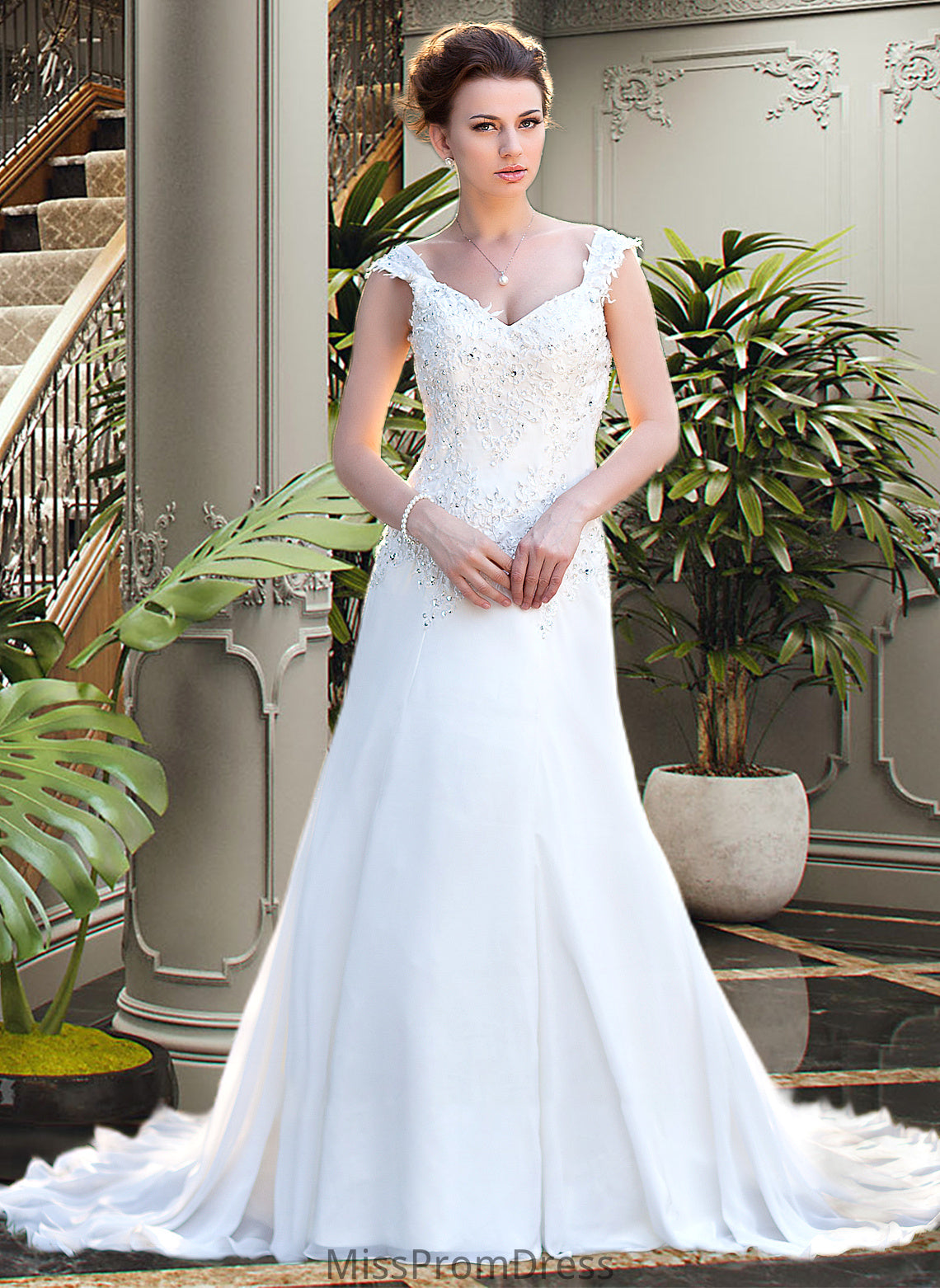 Alayna A-Line V-neck Court Train Chiffon Wedding Dress With Lace Beading Sequins HMP0013776