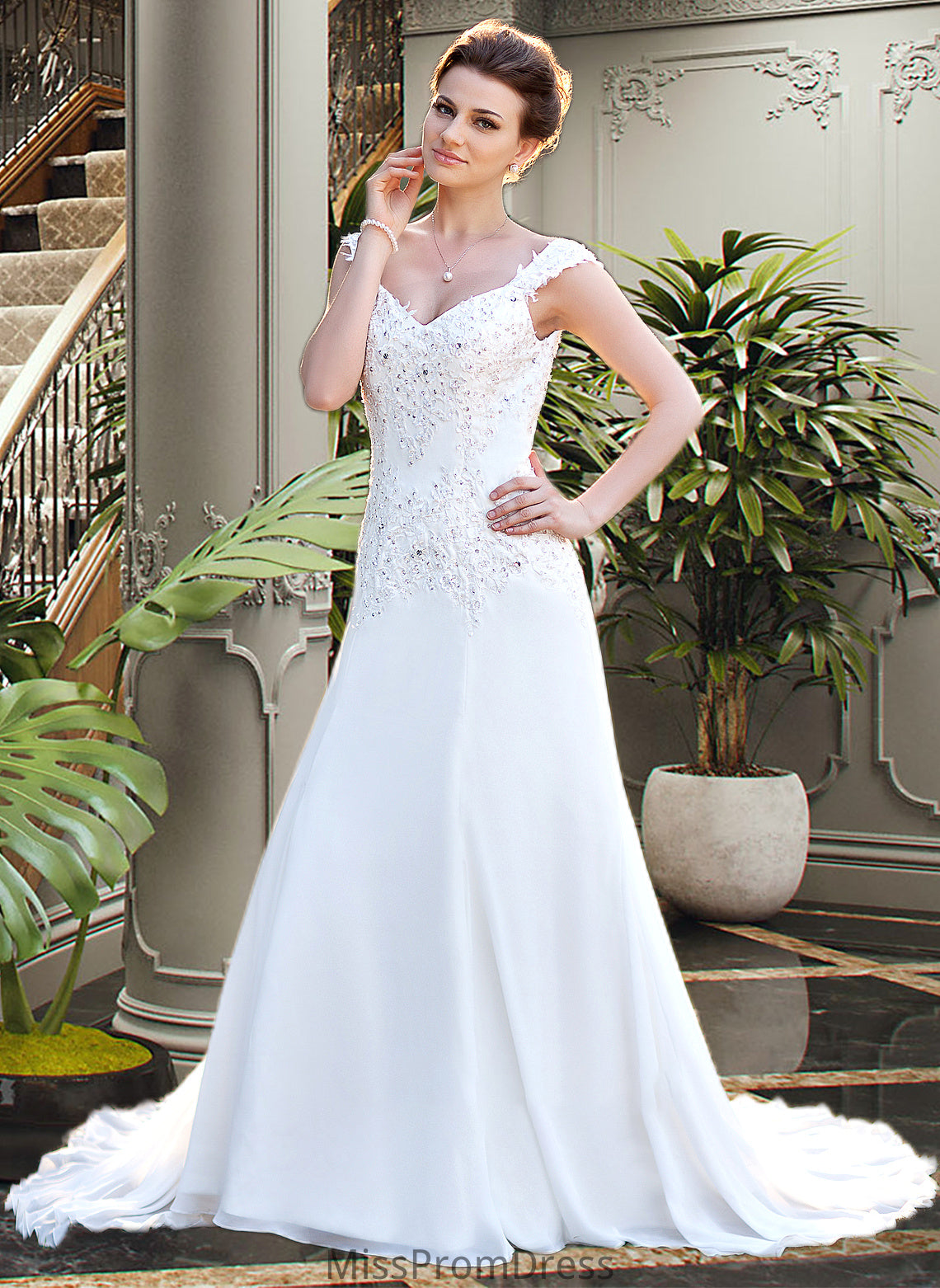 Alayna A-Line V-neck Court Train Chiffon Wedding Dress With Lace Beading Sequins HMP0013776