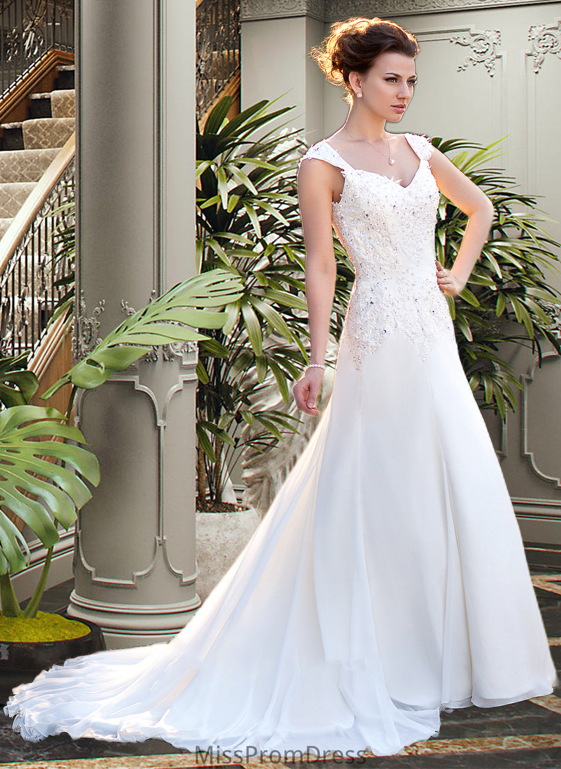 Alayna A-Line V-neck Court Train Chiffon Wedding Dress With Lace Beading Sequins HMP0013776