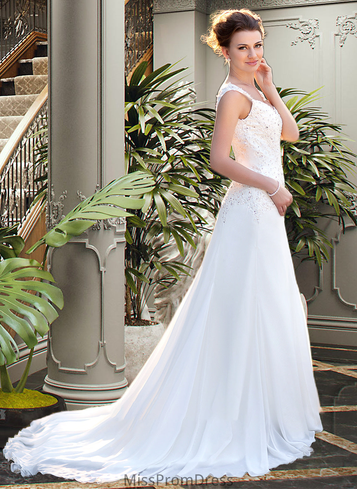 Alayna A-Line V-neck Court Train Chiffon Wedding Dress With Lace Beading Sequins HMP0013776