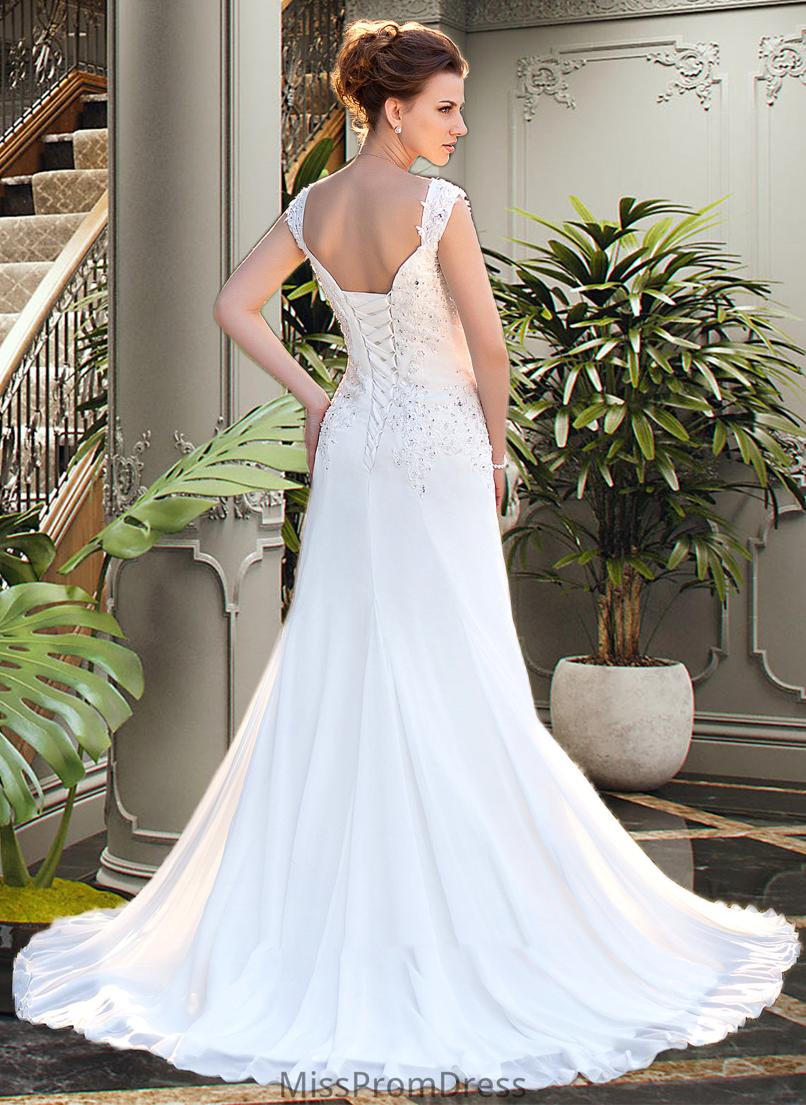 Alayna A-Line V-neck Court Train Chiffon Wedding Dress With Lace Beading Sequins HMP0013776