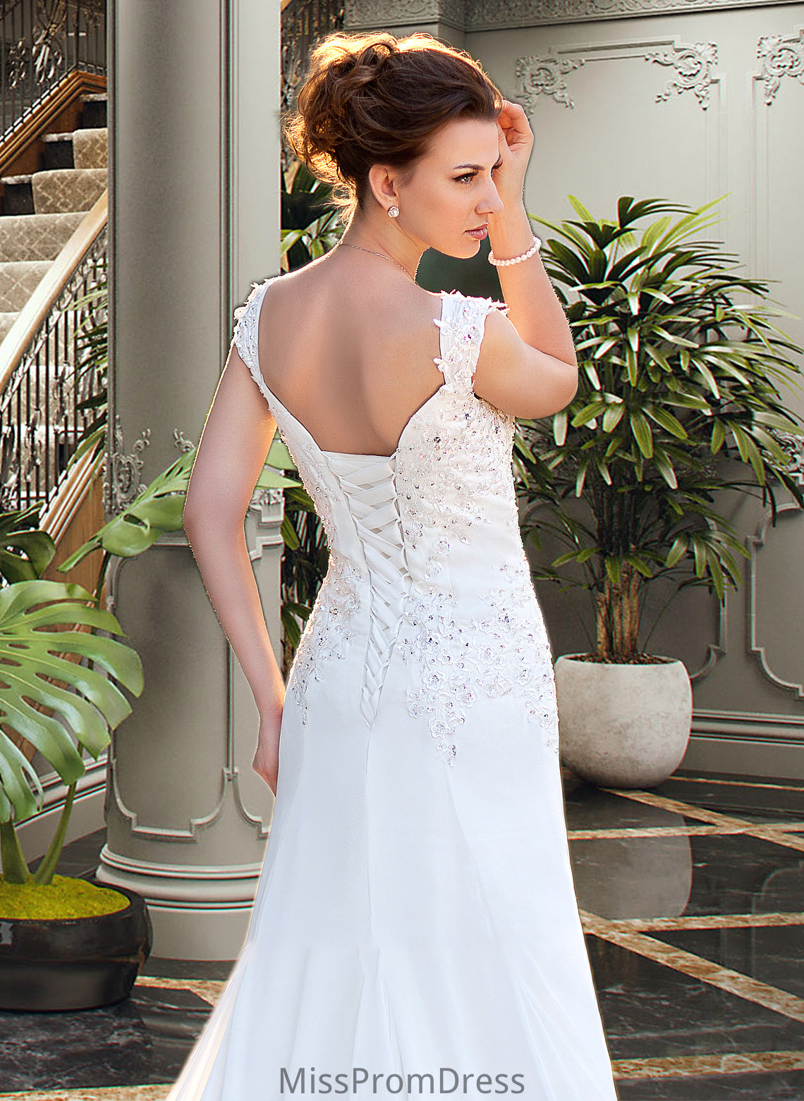 Alayna A-Line V-neck Court Train Chiffon Wedding Dress With Lace Beading Sequins HMP0013776