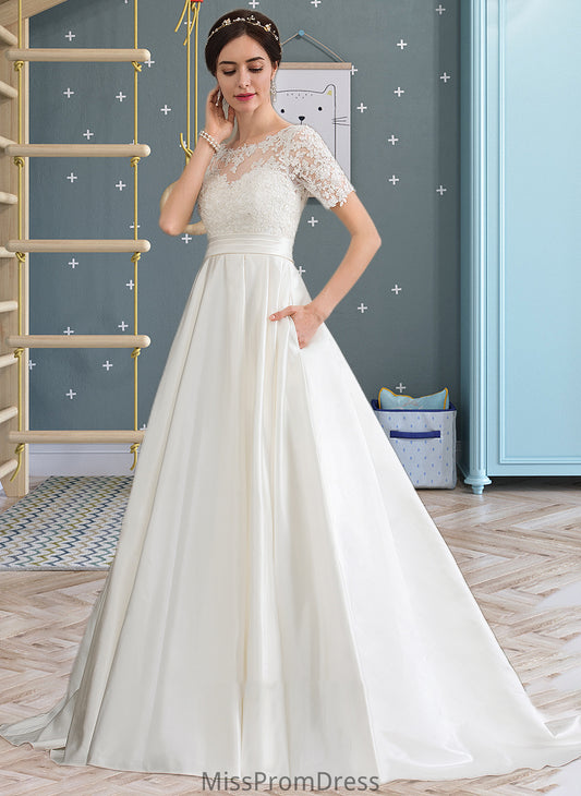 Amber Ball-Gown/Princess Scoop Neck Court Train Satin Wedding Dress With Beading Sequins Pockets HMP0013777