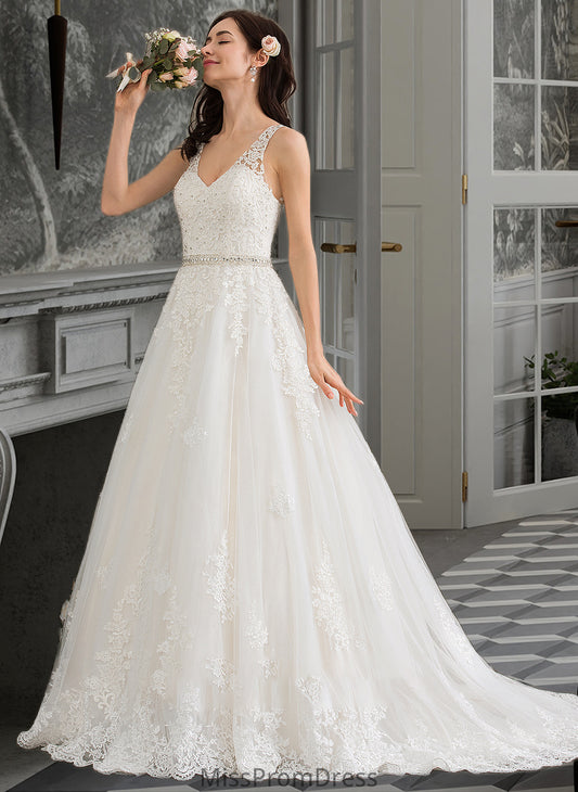 Lexie Ball-Gown/Princess V-neck Court Train Tulle Wedding Dress With Beading Sequins HMP0013779