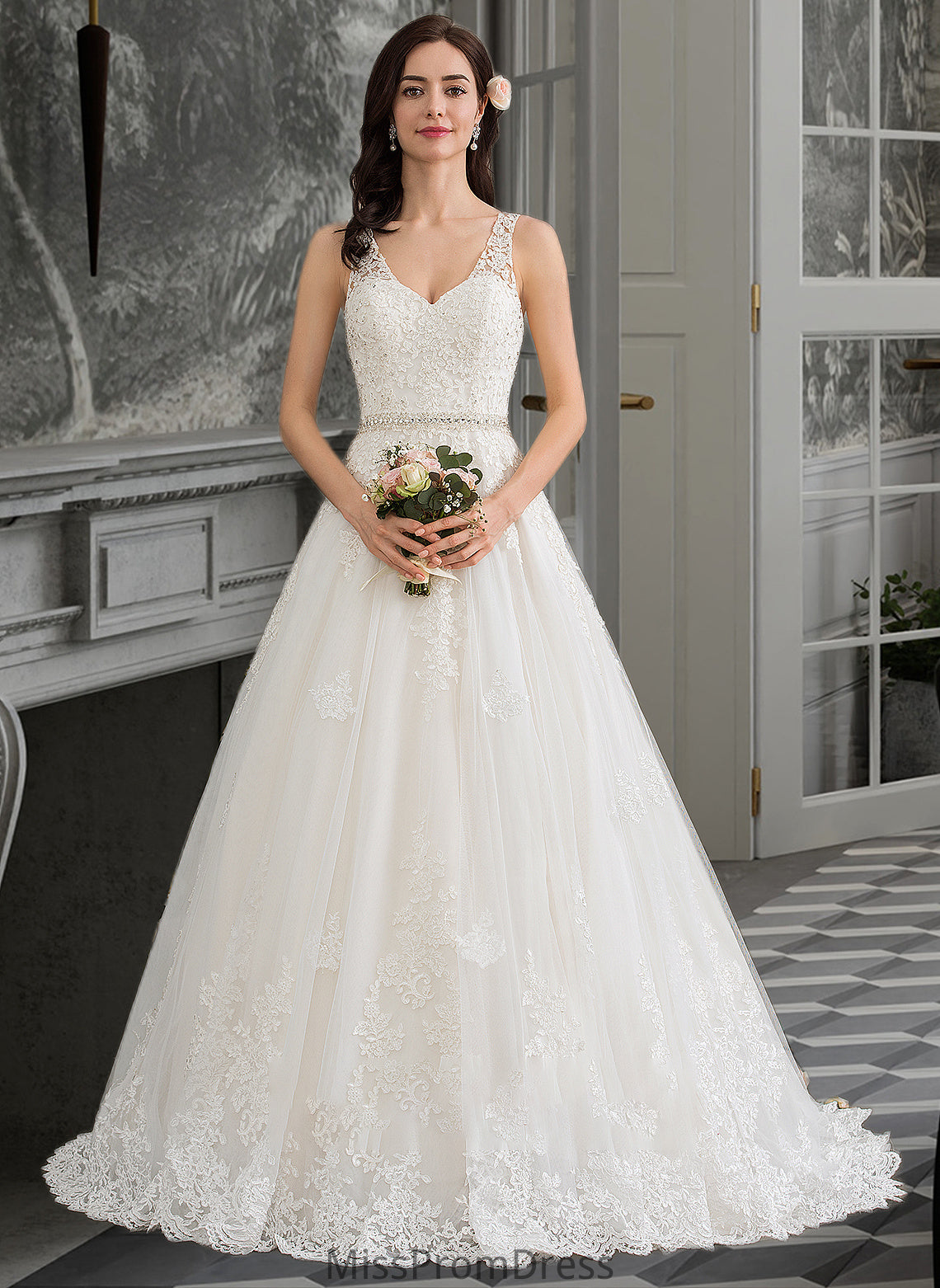 Lexie Ball-Gown/Princess V-neck Court Train Tulle Wedding Dress With Beading Sequins HMP0013779