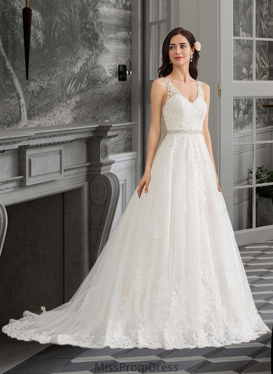 Lexie Ball-Gown/Princess V-neck Court Train Tulle Wedding Dress With Beading Sequins HMP0013779