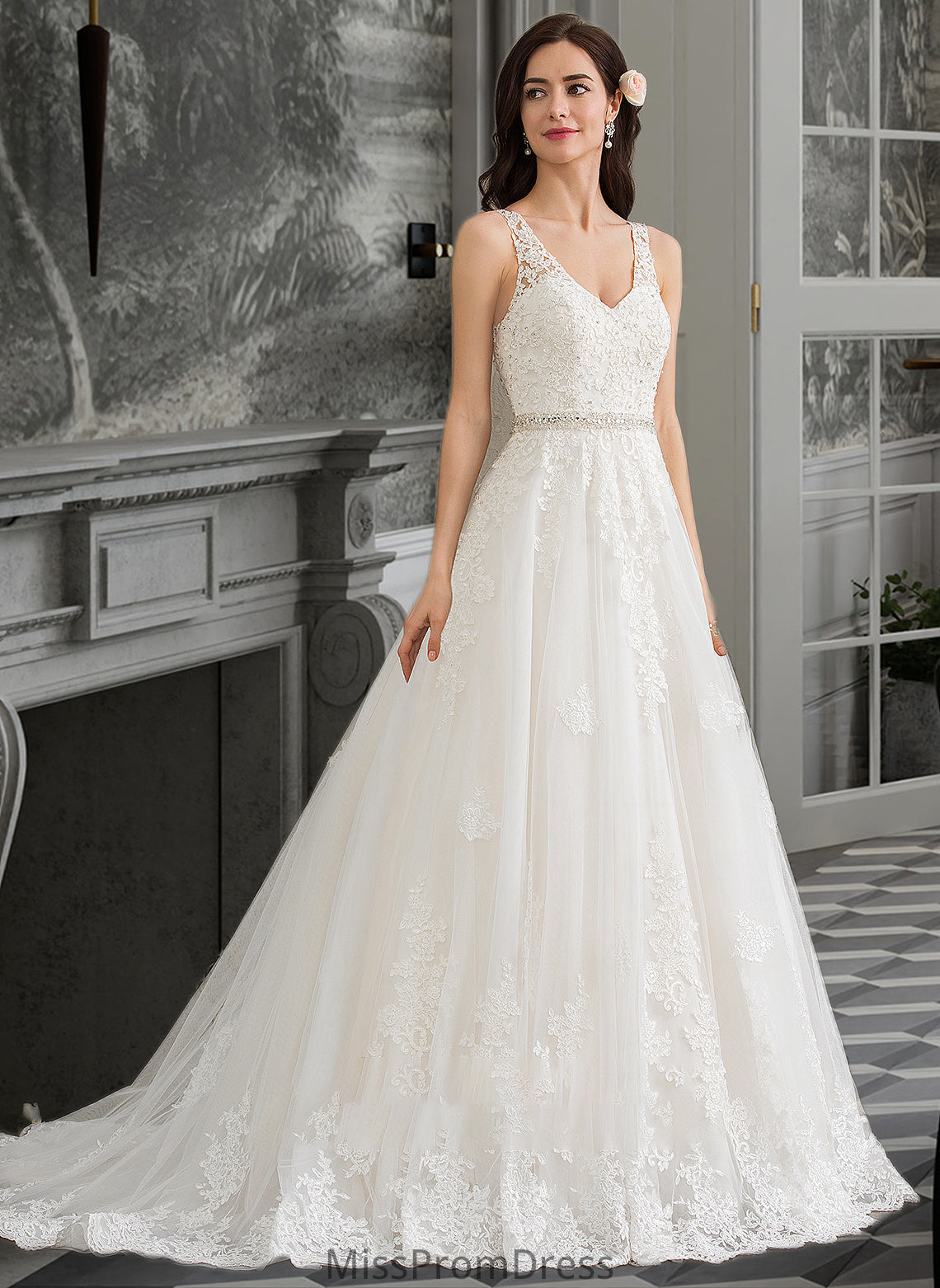 Lexie Ball-Gown/Princess V-neck Court Train Tulle Wedding Dress With Beading Sequins HMP0013779