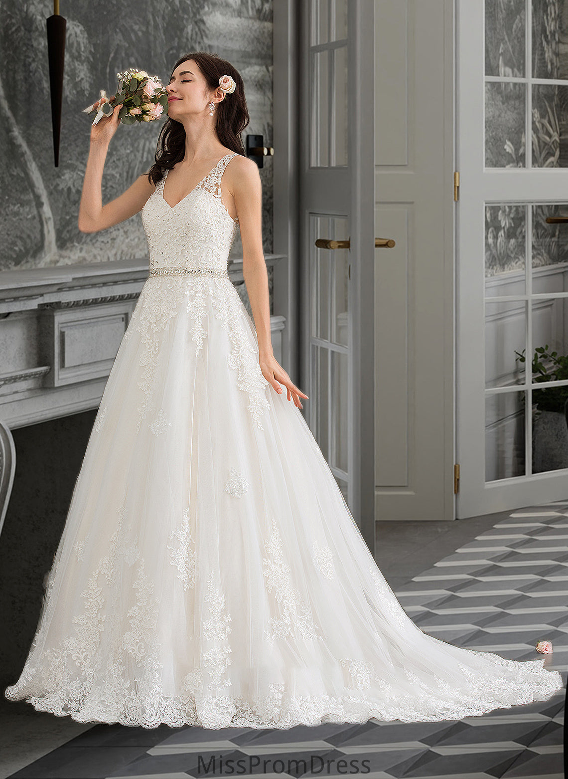 Lexie Ball-Gown/Princess V-neck Court Train Tulle Wedding Dress With Beading Sequins HMP0013779