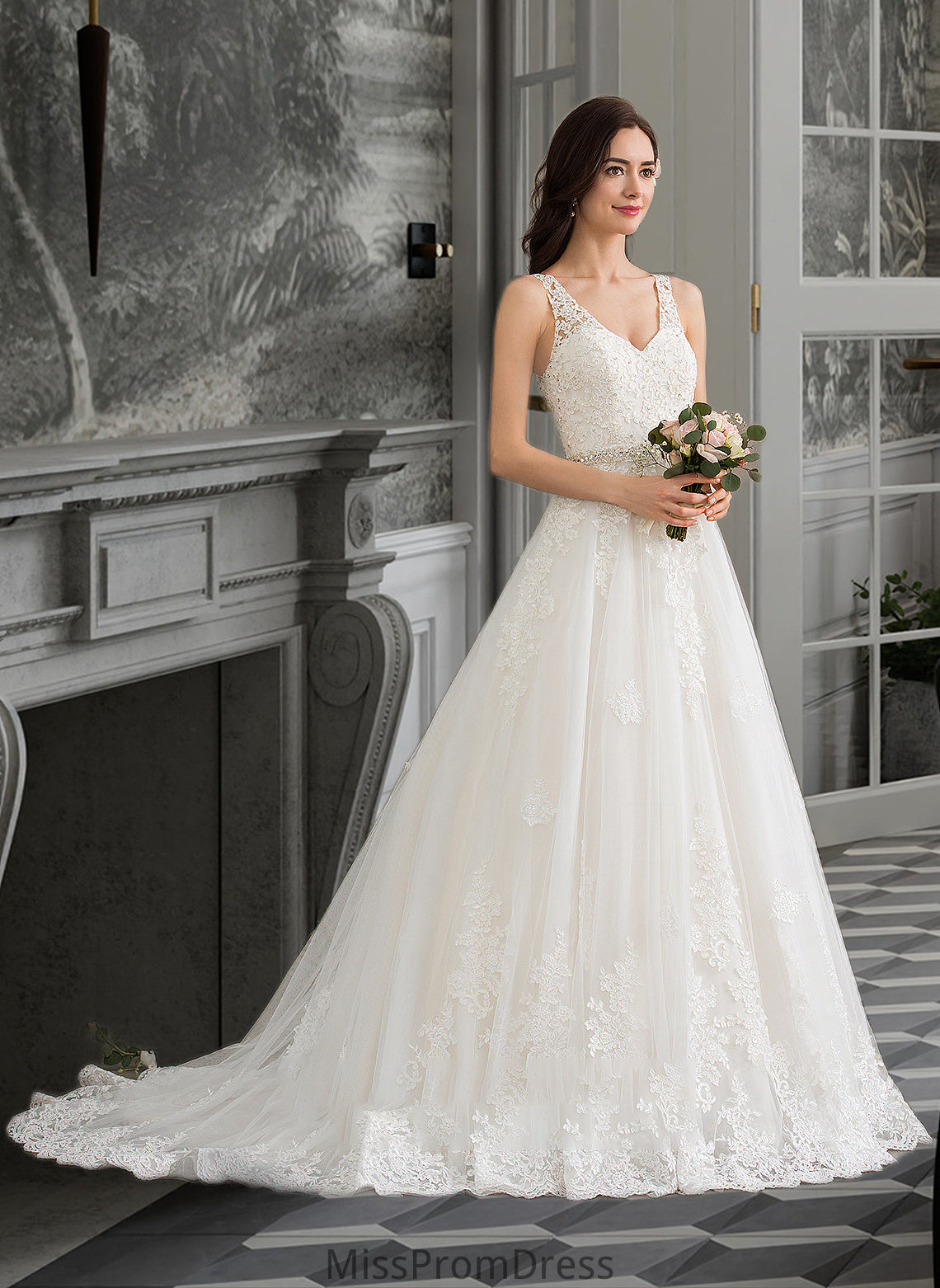 Lexie Ball-Gown/Princess V-neck Court Train Tulle Wedding Dress With Beading Sequins HMP0013779