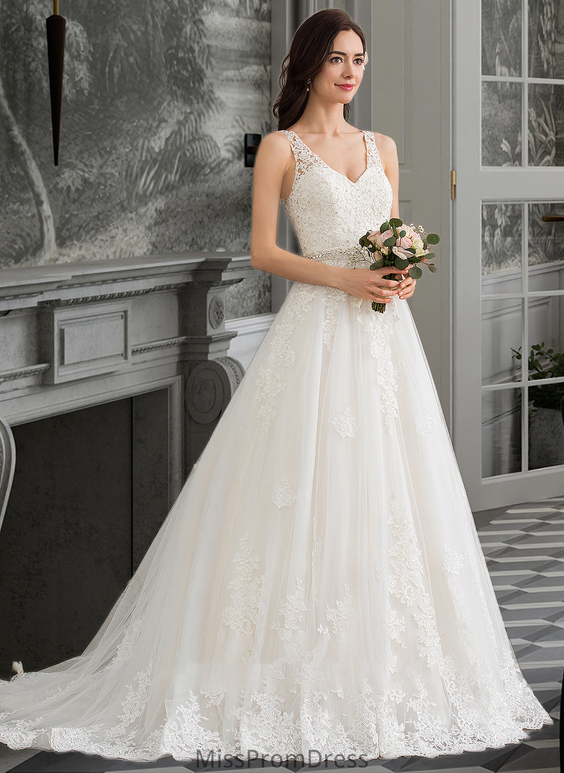 Lexie Ball-Gown/Princess V-neck Court Train Tulle Wedding Dress With Beading Sequins HMP0013779