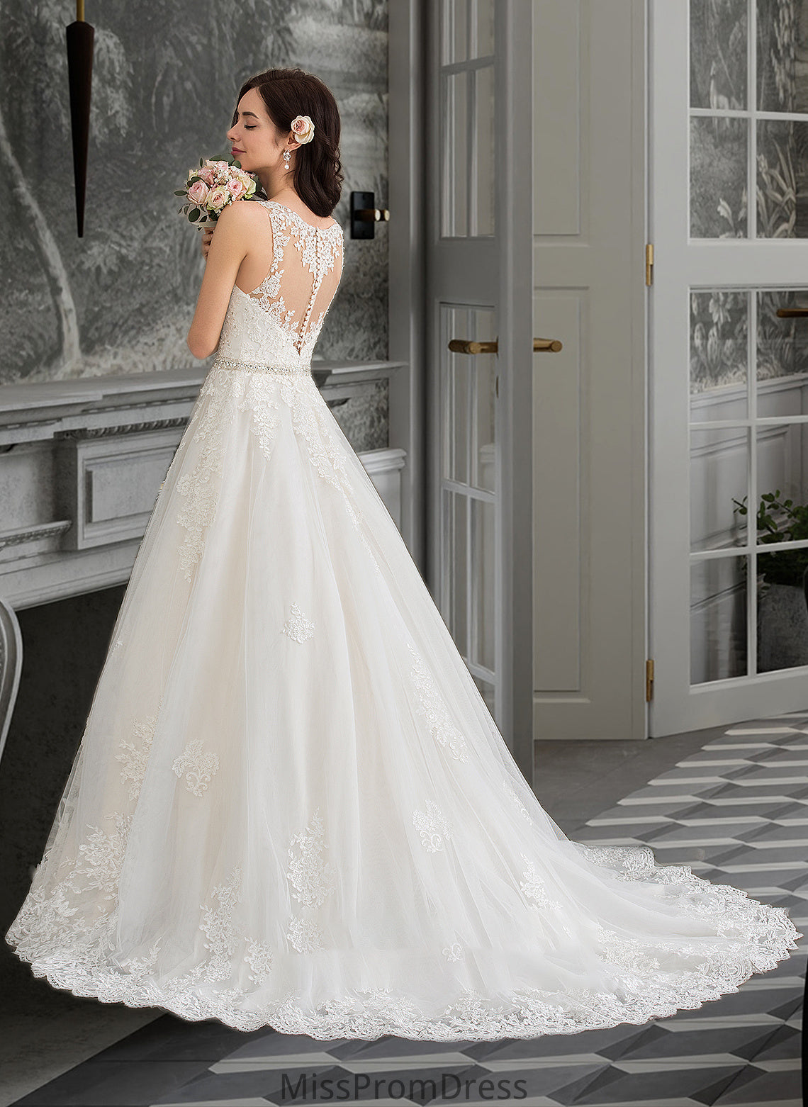 Lexie Ball-Gown/Princess V-neck Court Train Tulle Wedding Dress With Beading Sequins HMP0013779