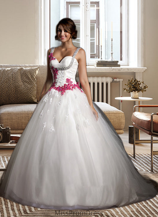 Mercedes Ball-Gown/Princess Sweetheart Chapel Train Tulle Wedding Dress With Ruffle Appliques Lace Bow(s) HMP0013780