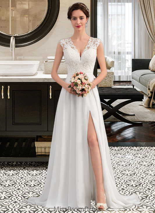 Viviana A-Line V-neck Sweep Train Chiffon Wedding Dress With Split Front HMP0013782