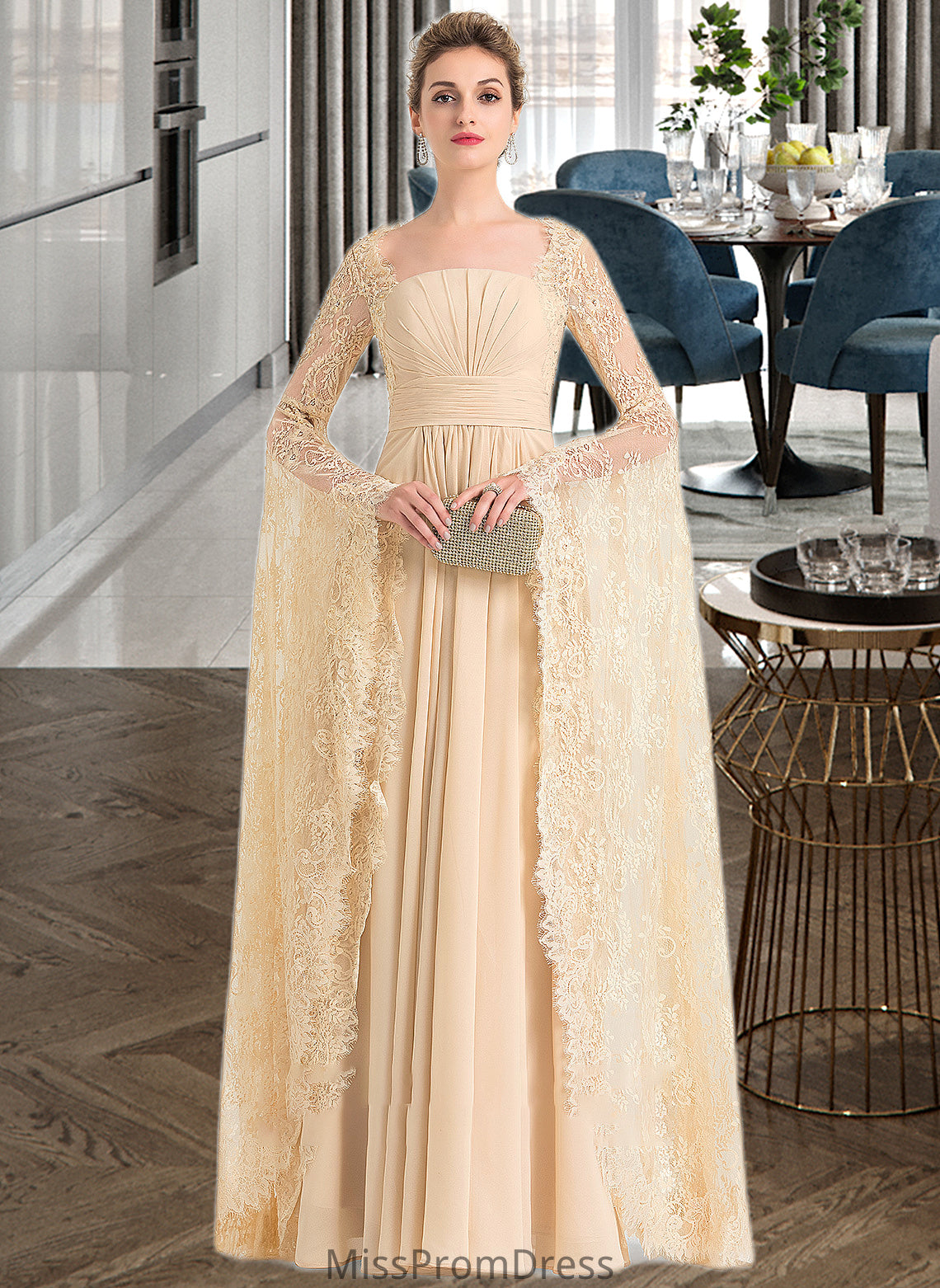 Gabriella A-Line Square Neckline Floor-Length Chiffon Wedding Dress With Ruffle Beading HMP0013783