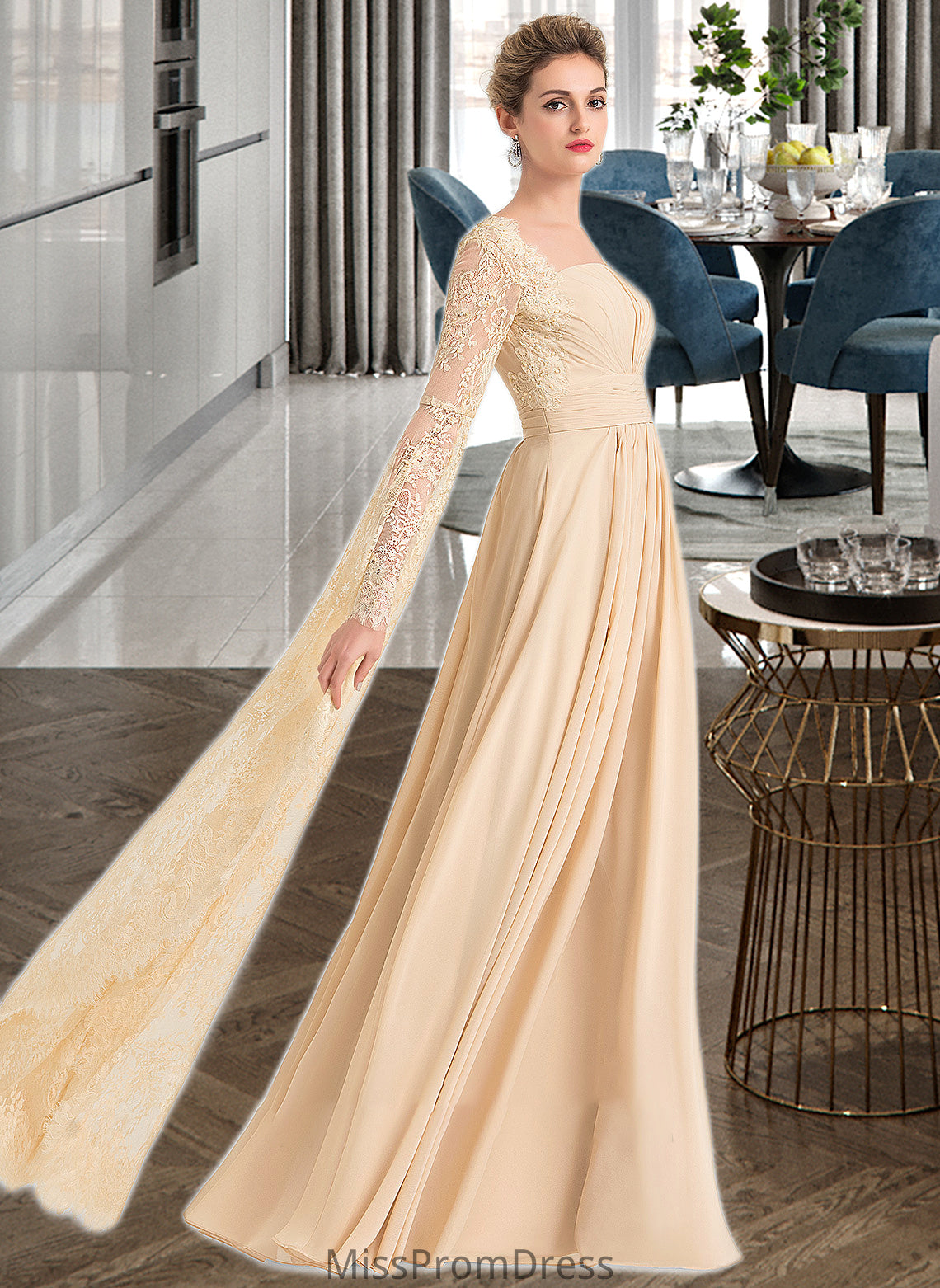 Gabriella A-Line Square Neckline Floor-Length Chiffon Wedding Dress With Ruffle Beading HMP0013783