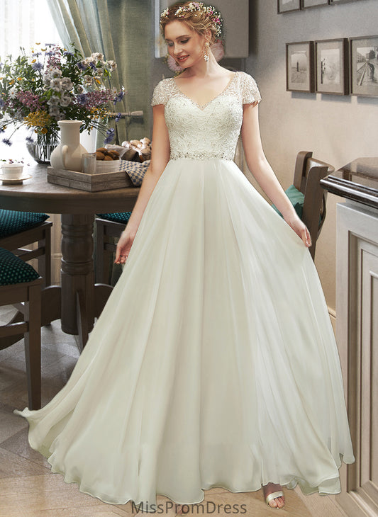 Reagan A-Line V-neck Floor-Length Wedding Dress With Lace Beading Sequins HMP0013784