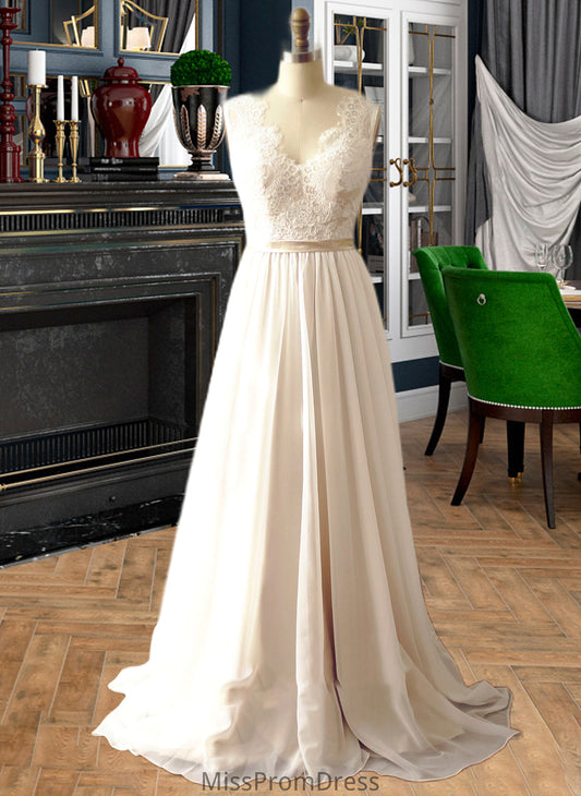 Carina A-Line V-neck Court Train Chiffon Wedding Dress HMP0013785