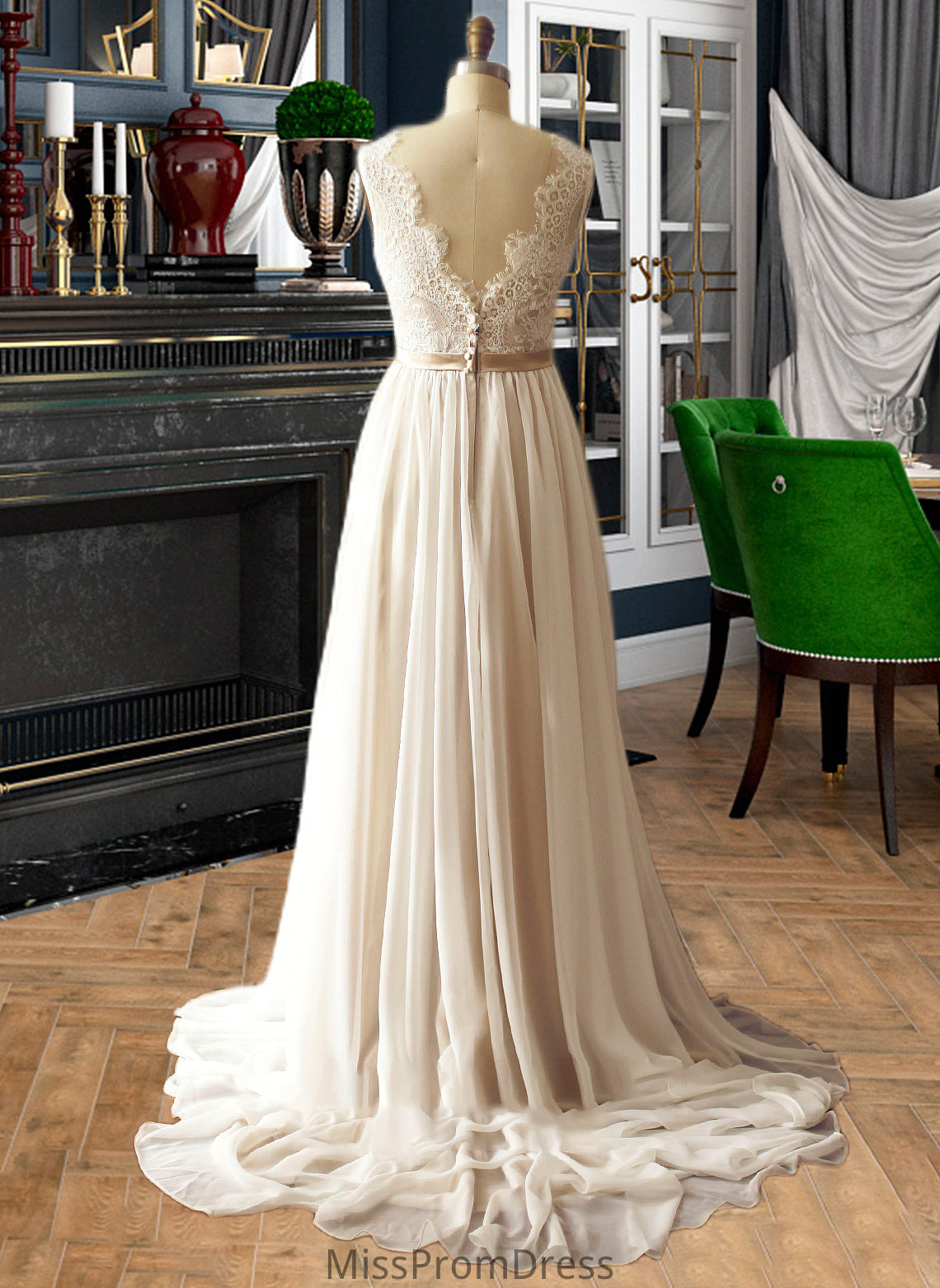 Carina A-Line V-neck Court Train Chiffon Wedding Dress HMP0013785