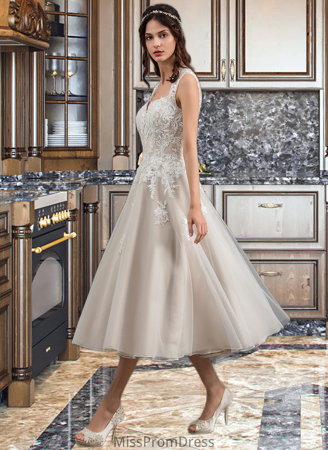 Valery Ball-Gown/Princess Sweetheart Tea-Length Tulle Wedding Dress With Sequins HMP0013791