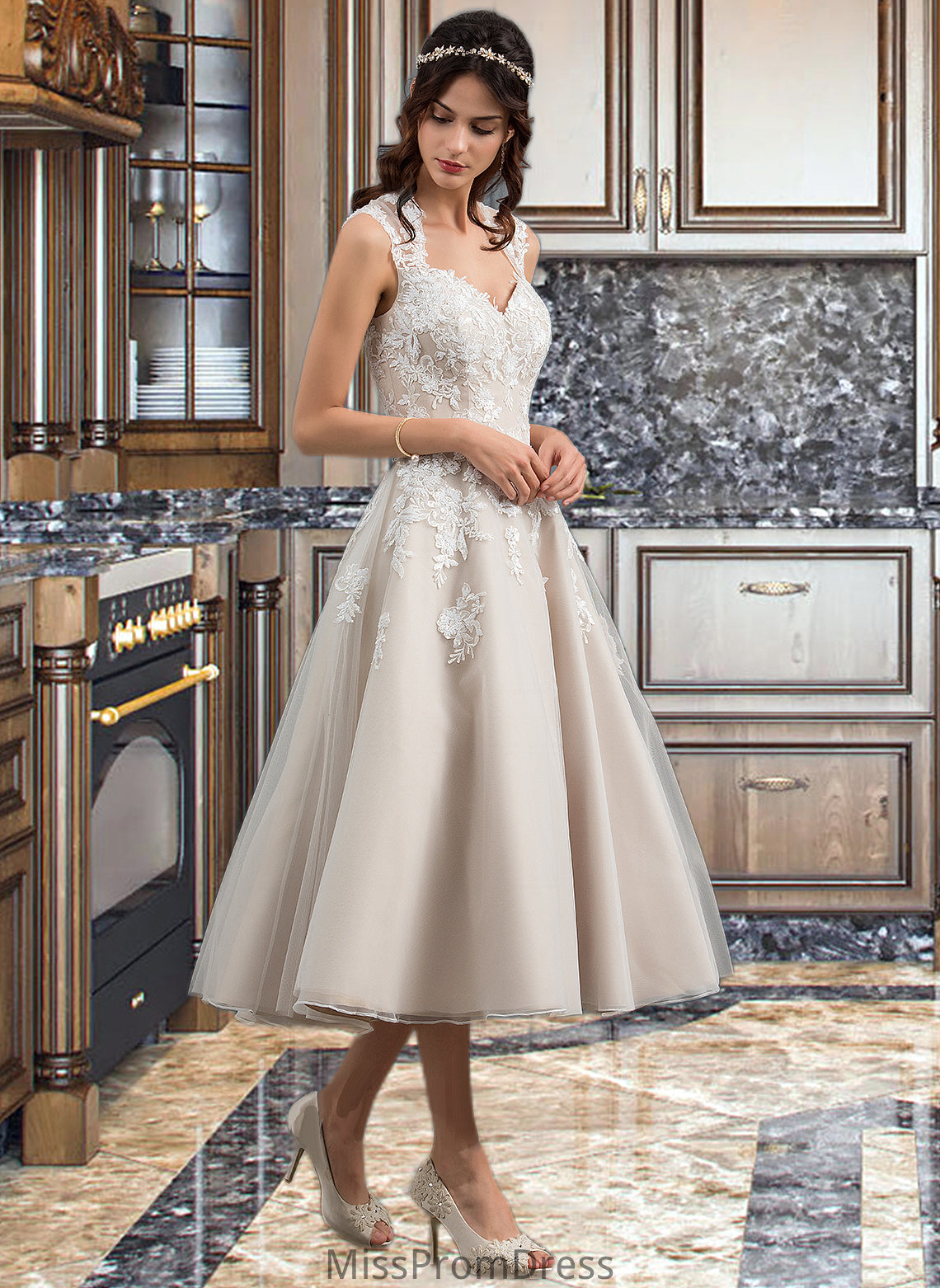 Valery Ball-Gown/Princess Sweetheart Tea-Length Tulle Wedding Dress With Sequins HMP0013791