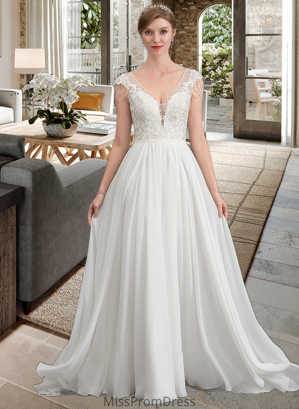 Christina A-Line V-neck Sweep Train Chiffon Wedding Dress With Beading Sequins HMP0013792