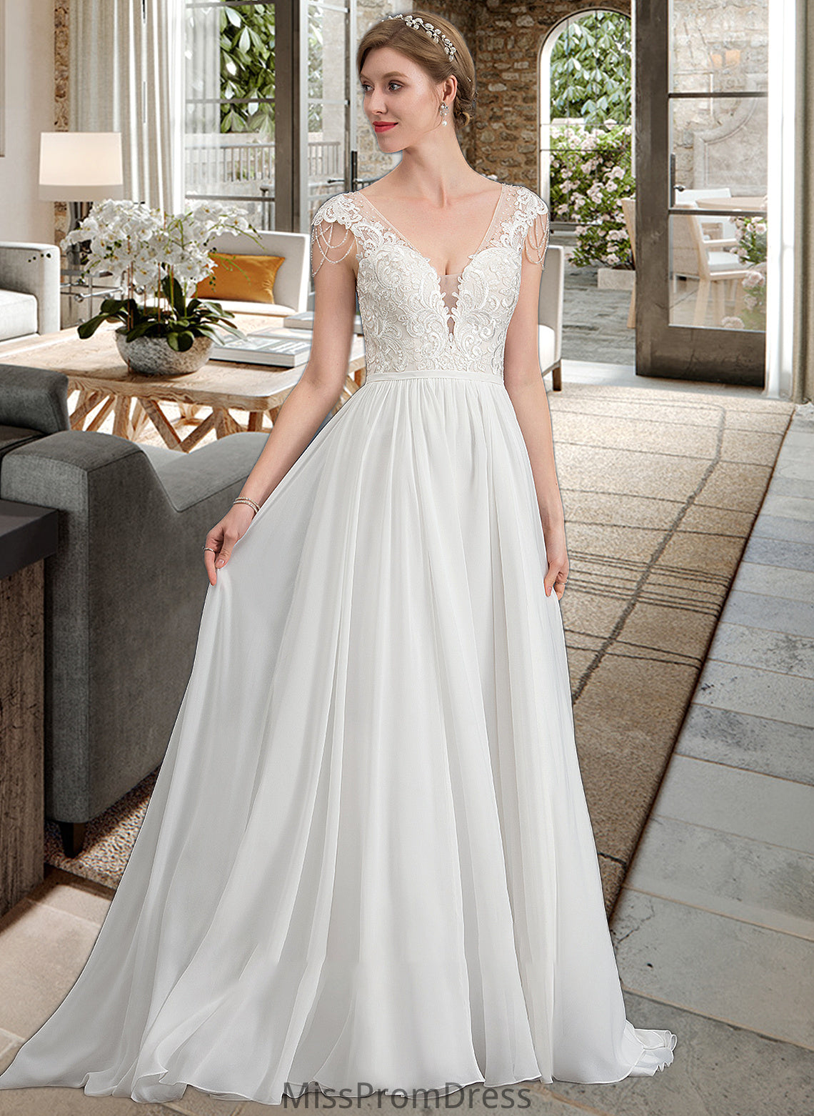 Christina A-Line V-neck Sweep Train Chiffon Wedding Dress With Beading Sequins HMP0013792