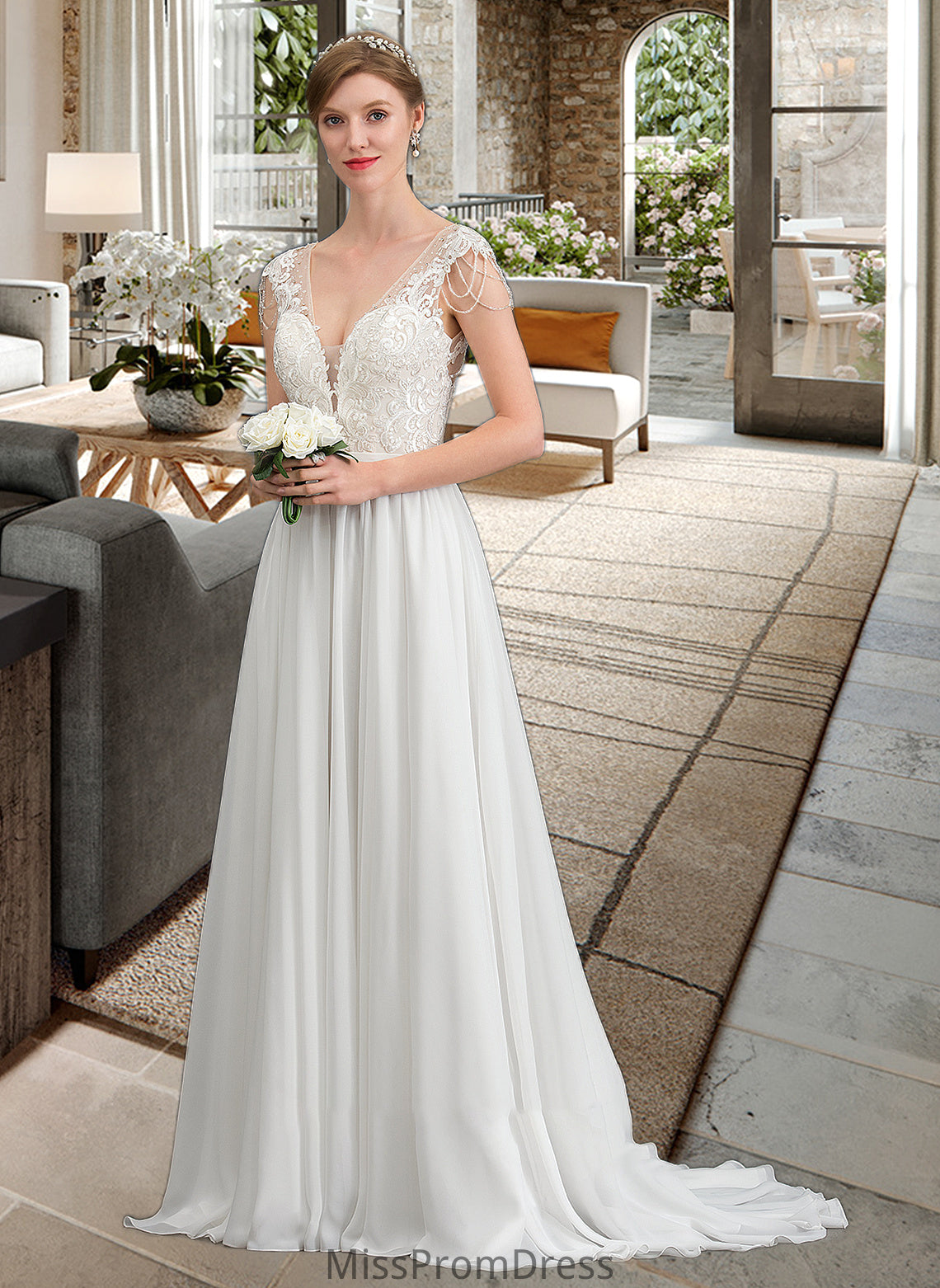 Christina A-Line V-neck Sweep Train Chiffon Wedding Dress With Beading Sequins HMP0013792