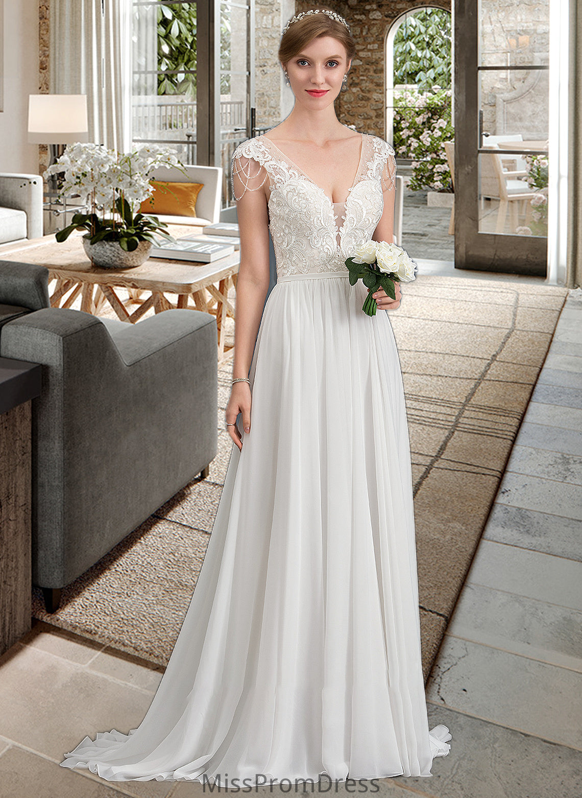 Christina A-Line V-neck Sweep Train Chiffon Wedding Dress With Beading Sequins HMP0013792