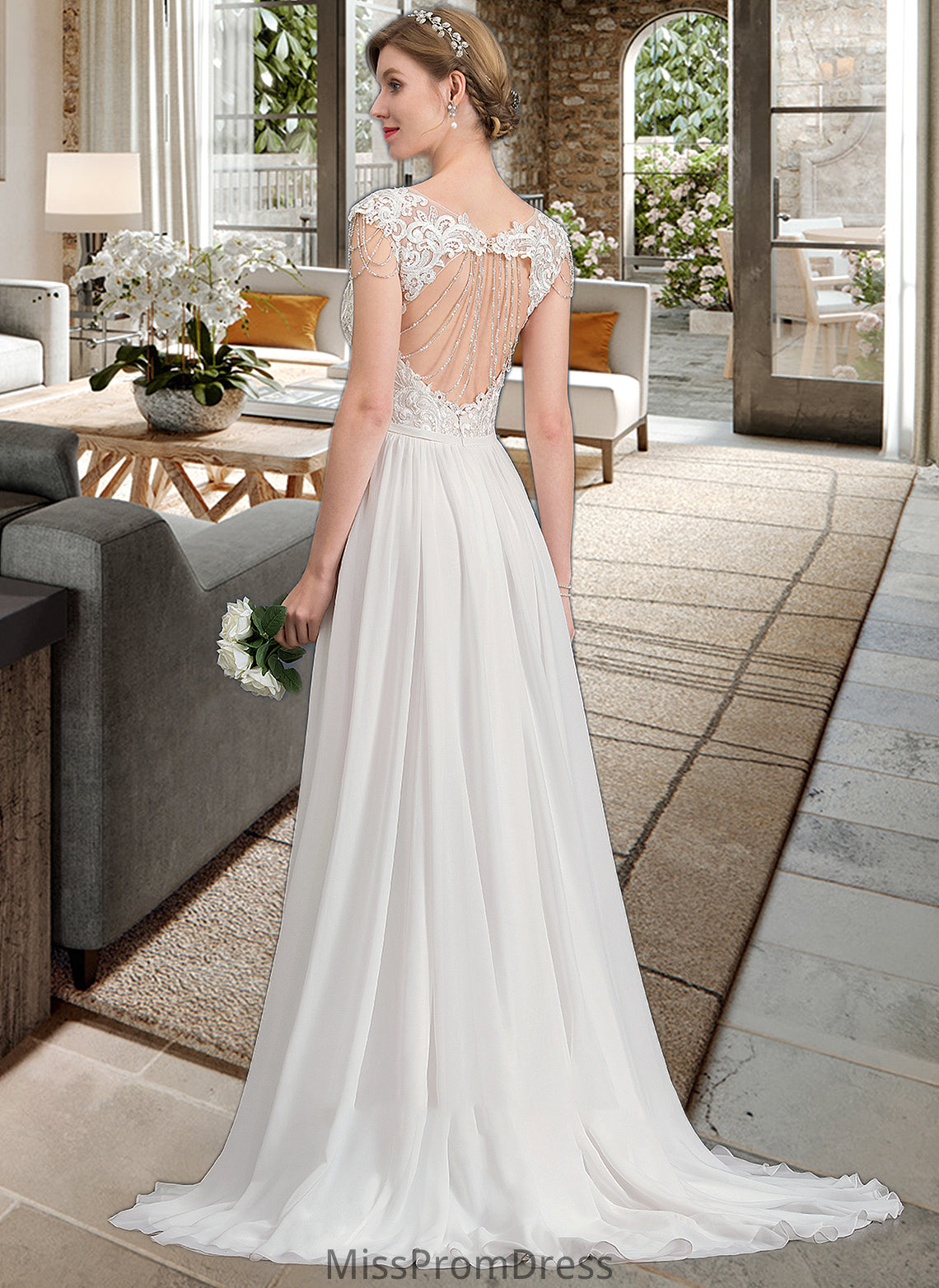 Christina A-Line V-neck Sweep Train Chiffon Wedding Dress With Beading Sequins HMP0013792