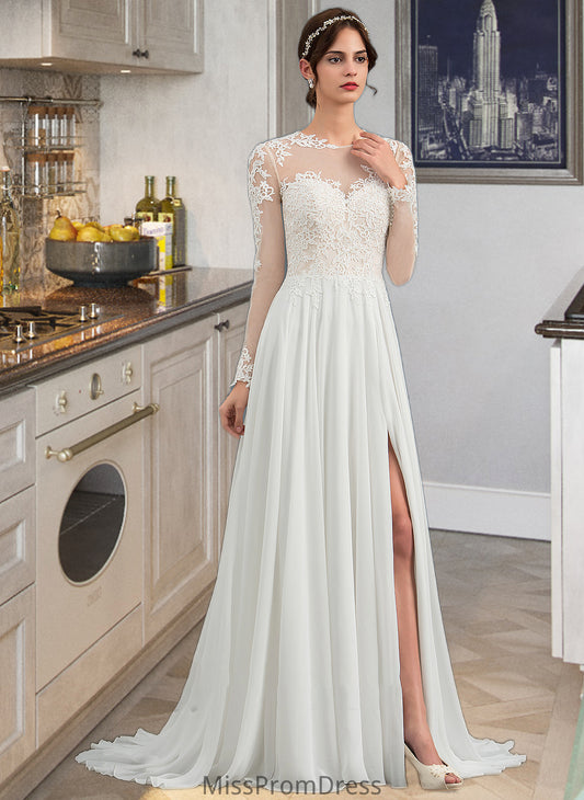 Lizbeth A-Line Illusion Sweep Train Chiffon Wedding Dress With Appliques Lace Split Front HMP0013793