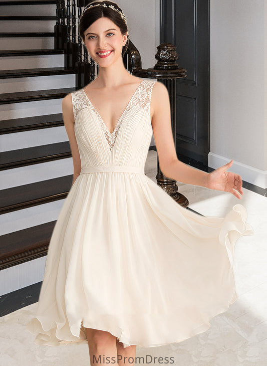 Emily A-Line V-neck Knee-Length Chiffon Lace Wedding Dress With Ruffle HMP0013794