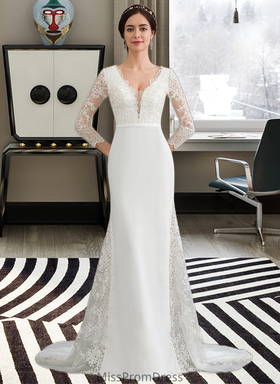 Jacey Trumpet/Mermaid V-neck Chapel Train Chiffon Wedding Dress With Beading Sequins HMP0013795