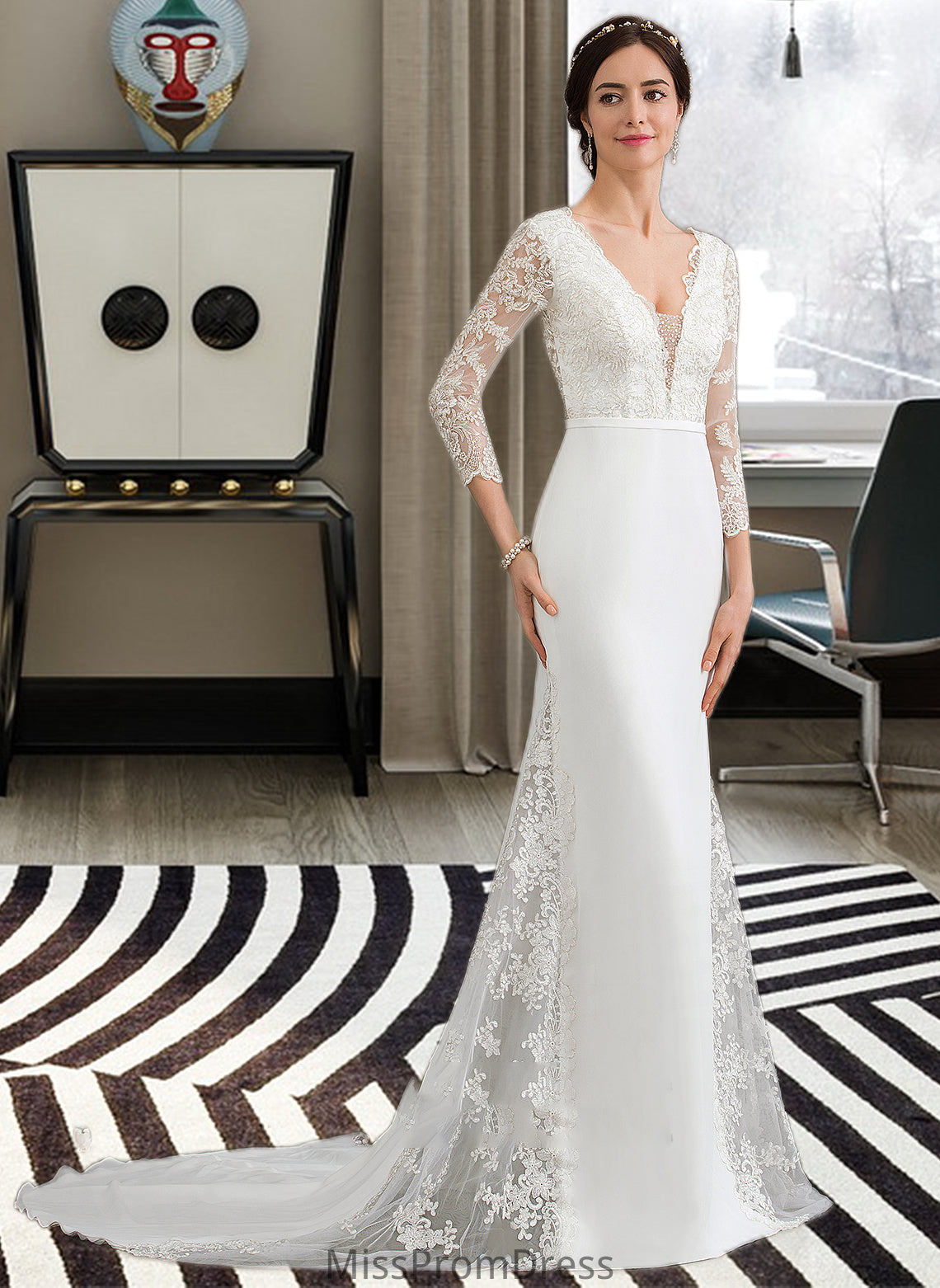 Jacey Trumpet/Mermaid V-neck Chapel Train Chiffon Wedding Dress With Beading Sequins HMP0013795