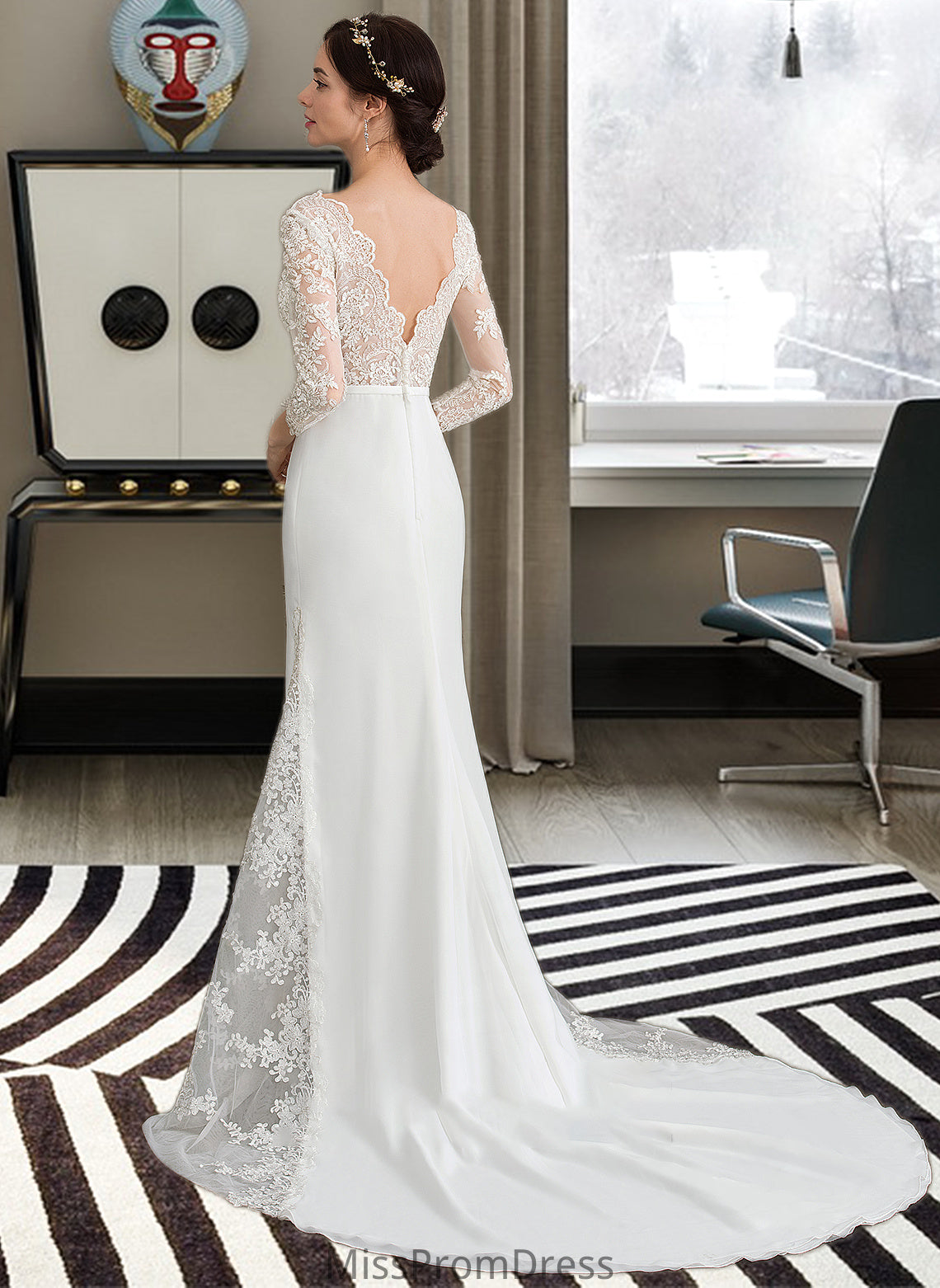 Jacey Trumpet/Mermaid V-neck Chapel Train Chiffon Wedding Dress With Beading Sequins HMP0013795