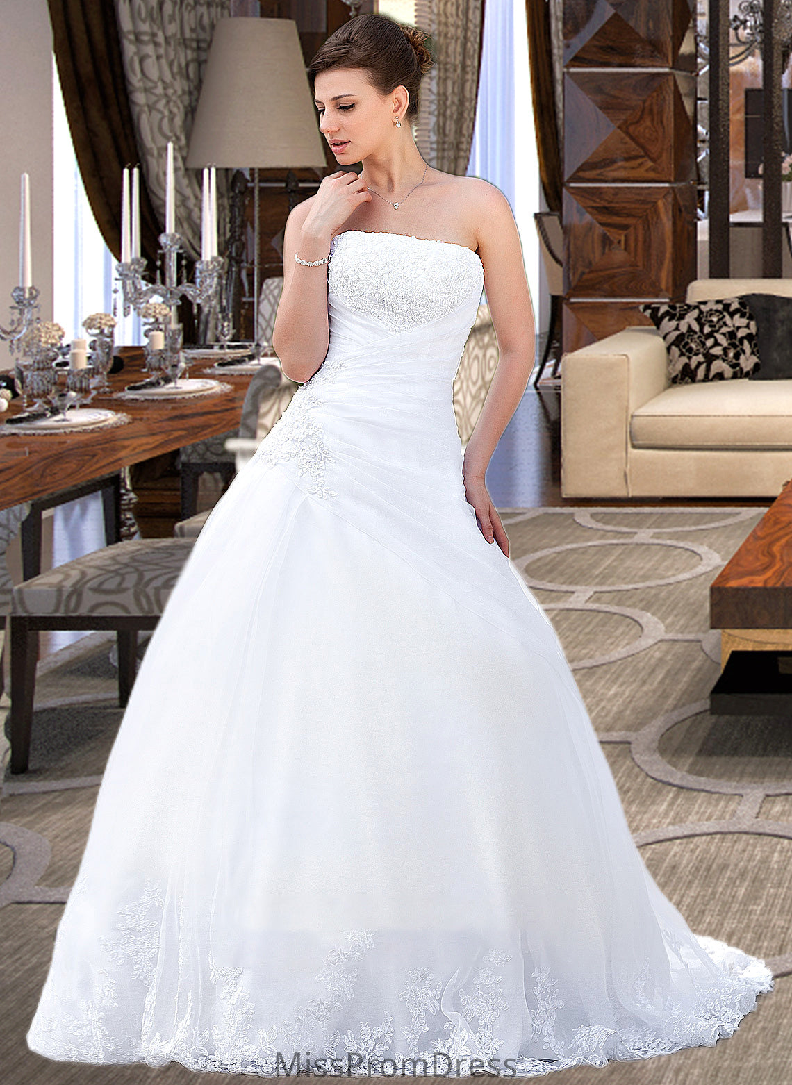 Deja Ball-Gown/Princess Strapless Chapel Train Satin Organza Wedding Dress With Lace Beading HMP0013796