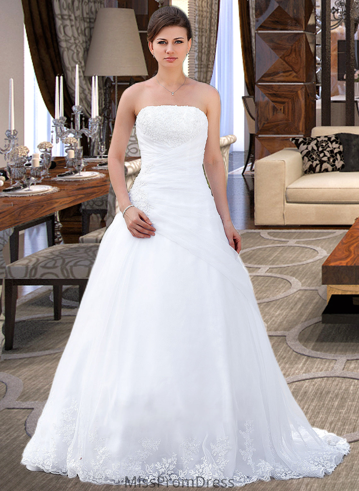 Deja Ball-Gown/Princess Strapless Chapel Train Satin Organza Wedding Dress With Lace Beading HMP0013796