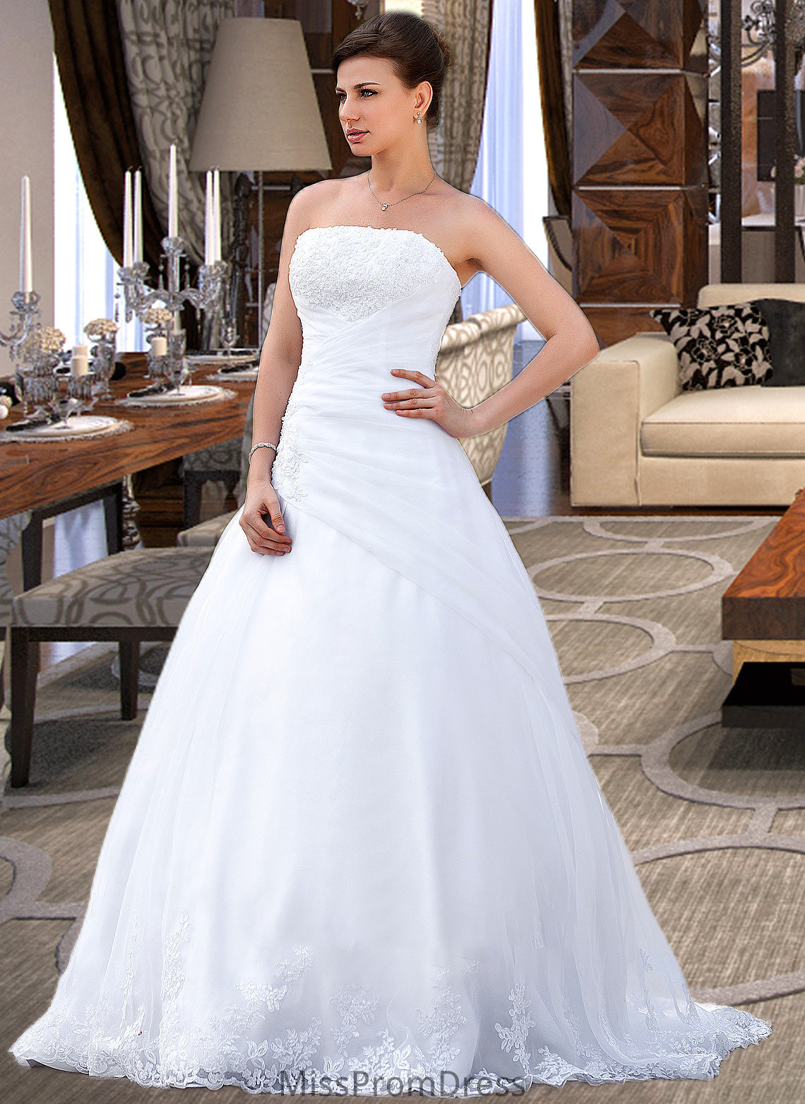 Deja Ball-Gown/Princess Strapless Chapel Train Satin Organza Wedding Dress With Lace Beading HMP0013796