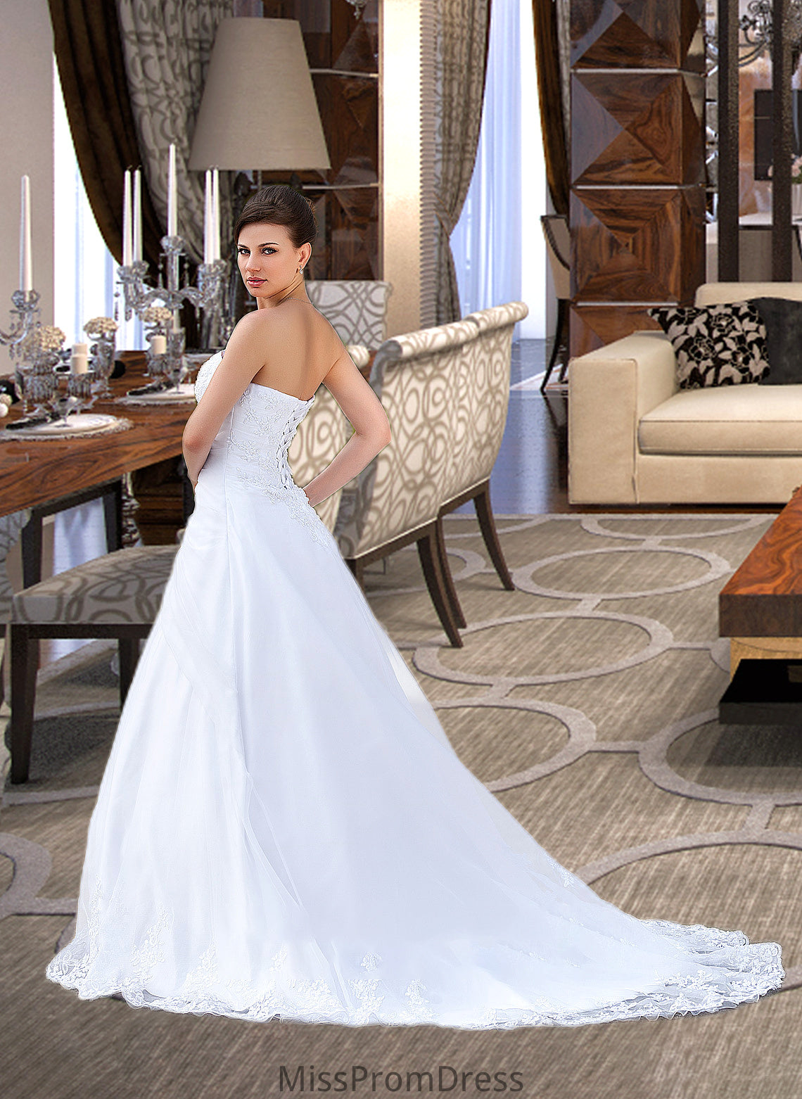 Deja Ball-Gown/Princess Strapless Chapel Train Satin Organza Wedding Dress With Lace Beading HMP0013796