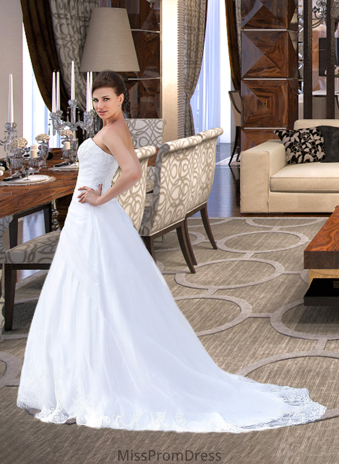 Deja Ball-Gown/Princess Strapless Chapel Train Satin Organza Wedding Dress With Lace Beading HMP0013796