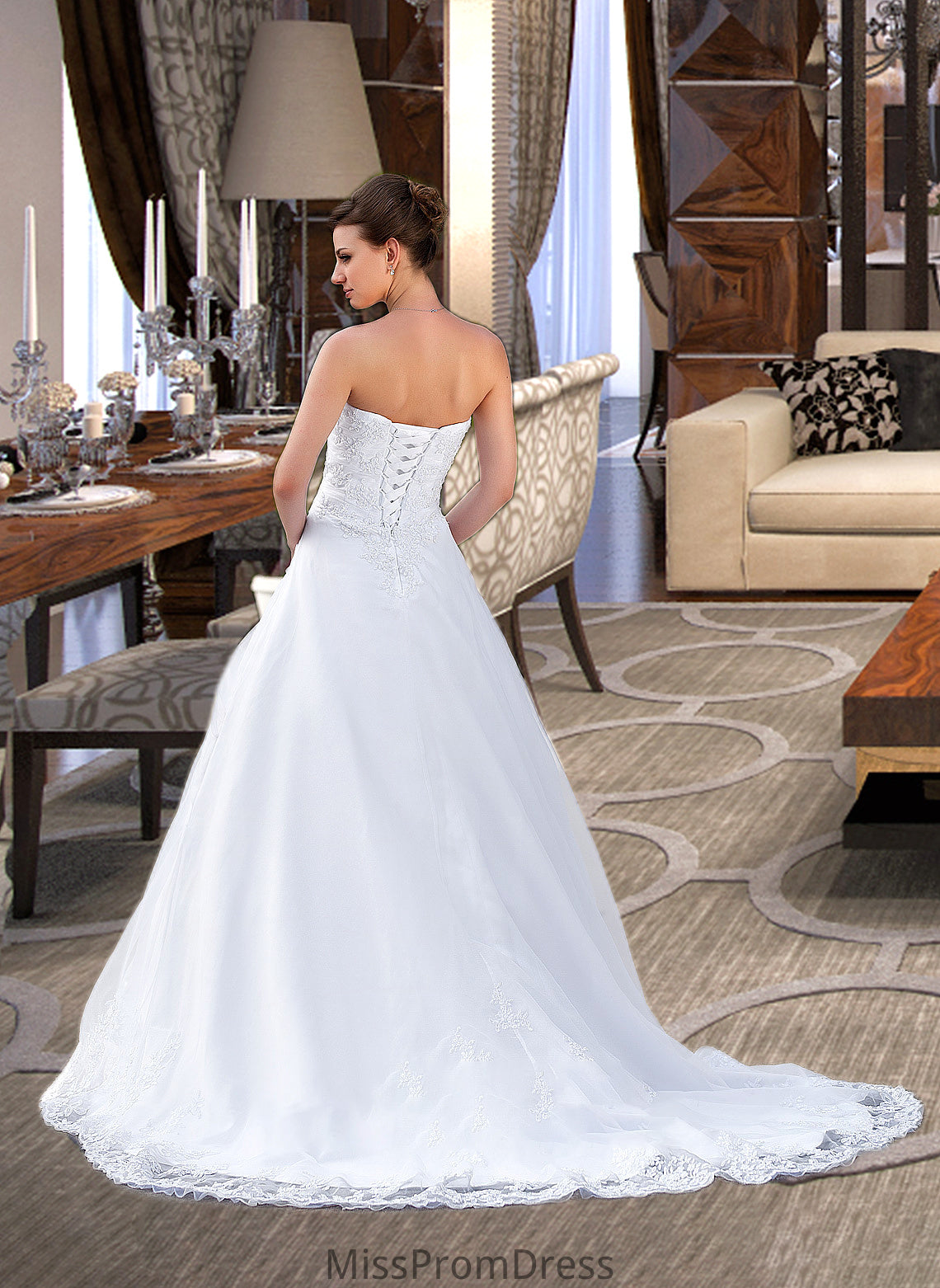 Deja Ball-Gown/Princess Strapless Chapel Train Satin Organza Wedding Dress With Lace Beading HMP0013796