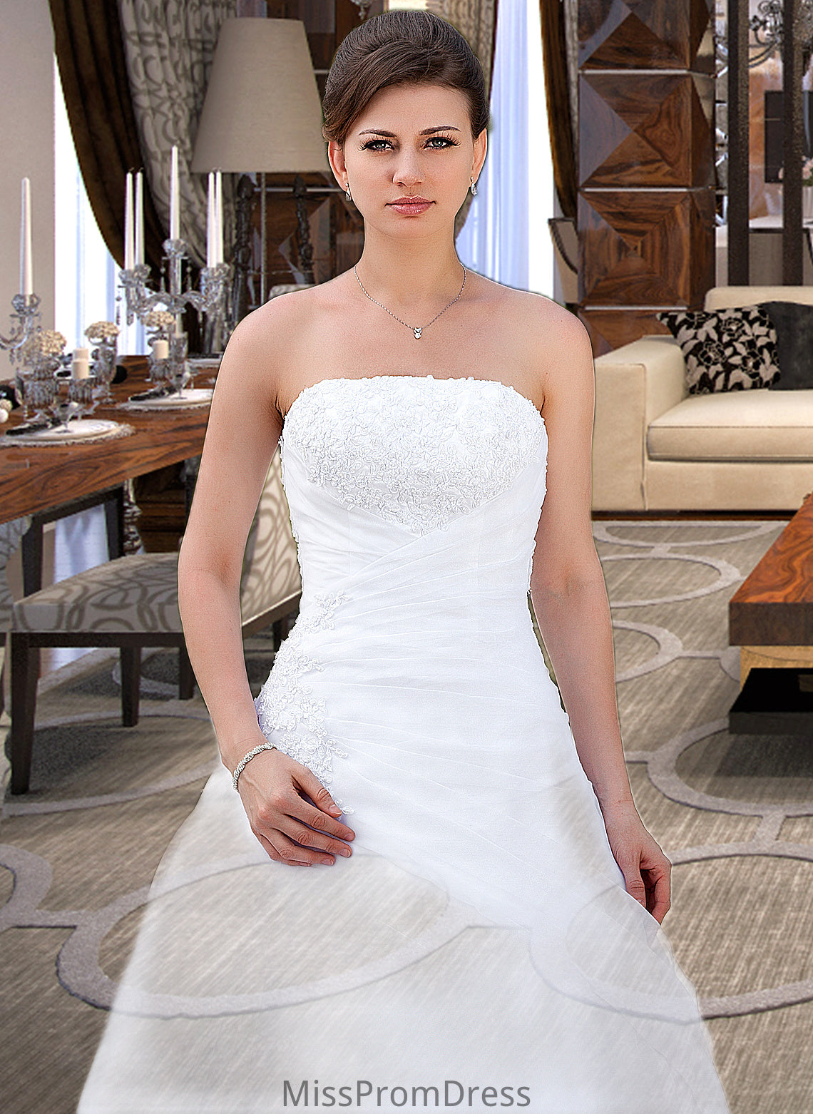 Deja Ball-Gown/Princess Strapless Chapel Train Satin Organza Wedding Dress With Lace Beading HMP0013796