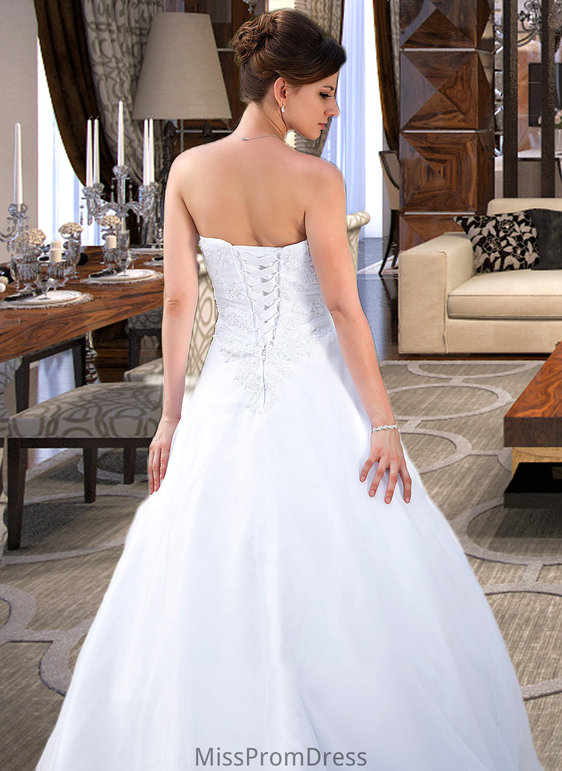 Deja Ball-Gown/Princess Strapless Chapel Train Satin Organza Wedding Dress With Lace Beading HMP0013796